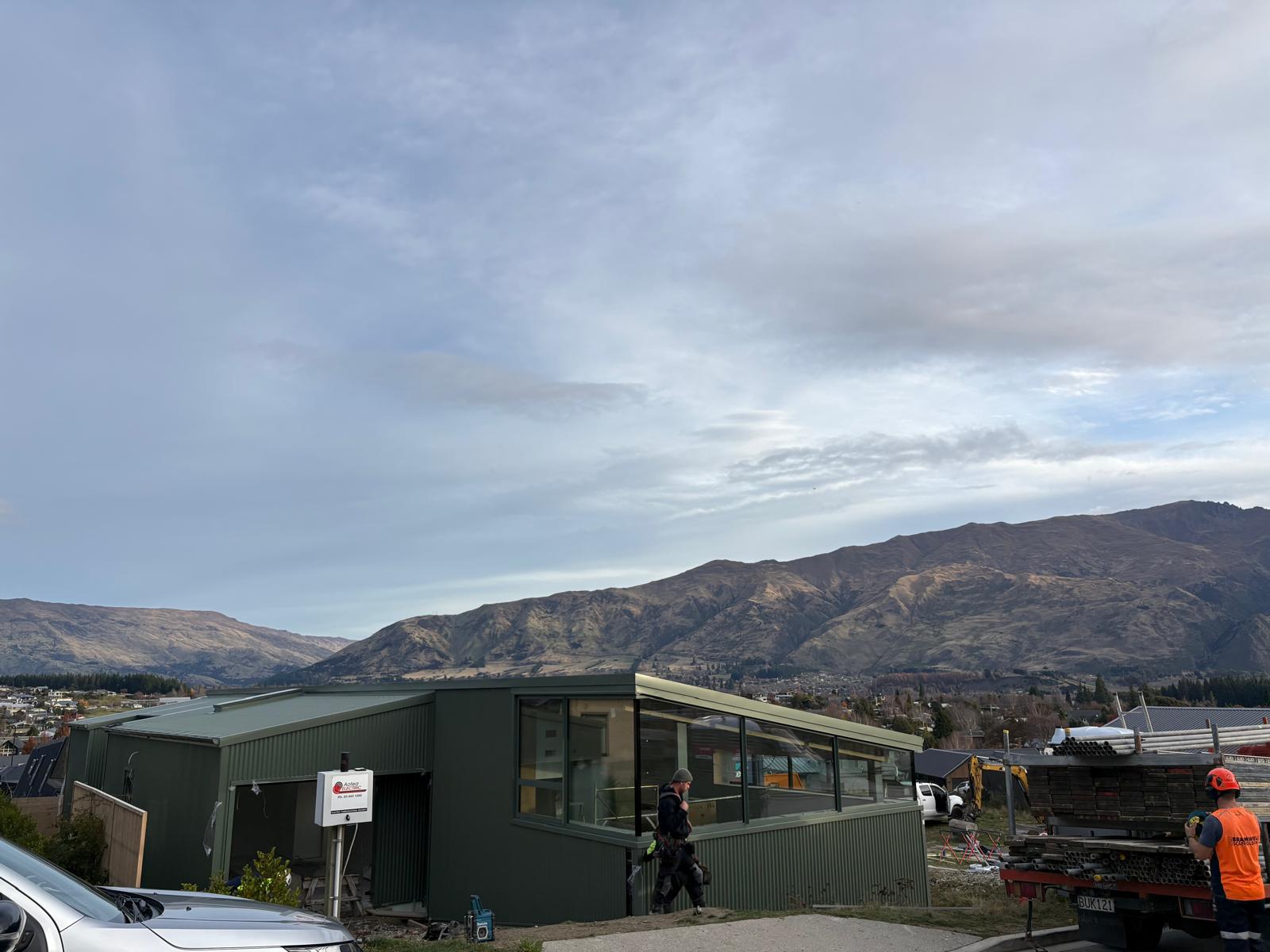 Wanaka Haus from the street, Central Otago range behind